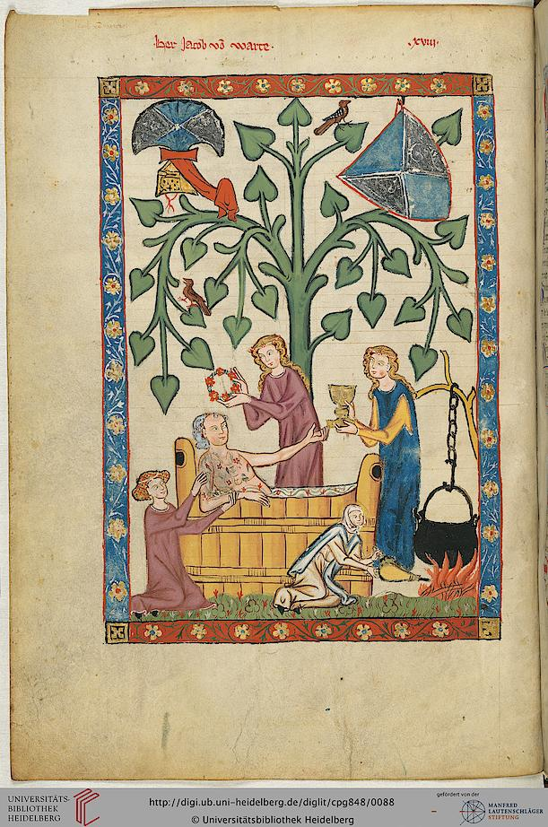 Koupání pana Jakoba von Warte, 1300-1330 n.l., Německo, Codex Manesse UBH Cod. Pal. germ. 848, folio 46v