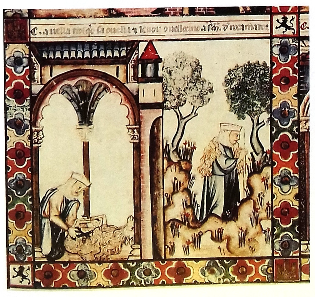 Stěžejové nůžky, 1284 n.l., Španělsko, CSM 147, Keller Cash: "Daily life depicted in the Cantigas de Santa Maria"